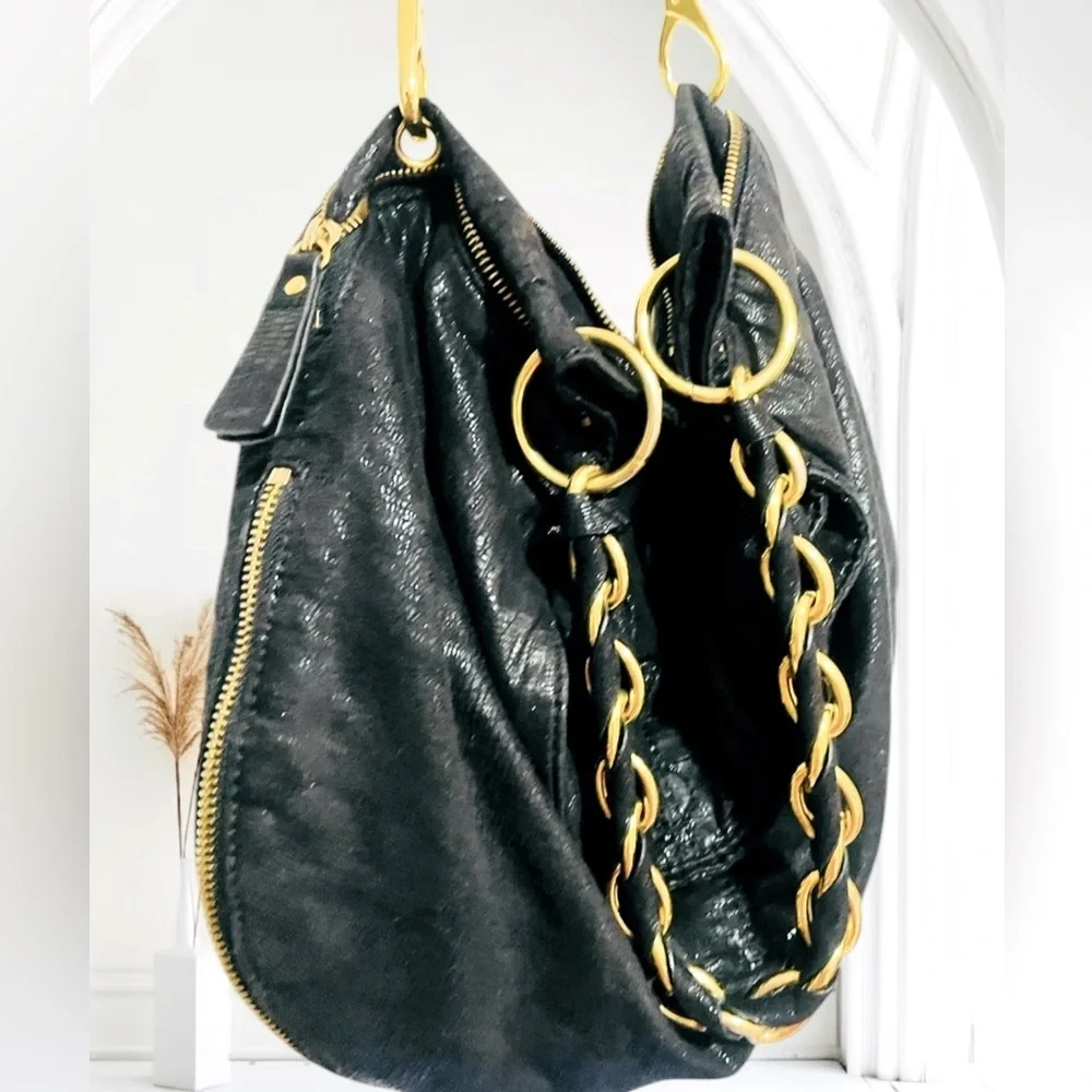 Armani Exchange Black Leather Expandable Slouchy Hobo Chain Shoulder Bag